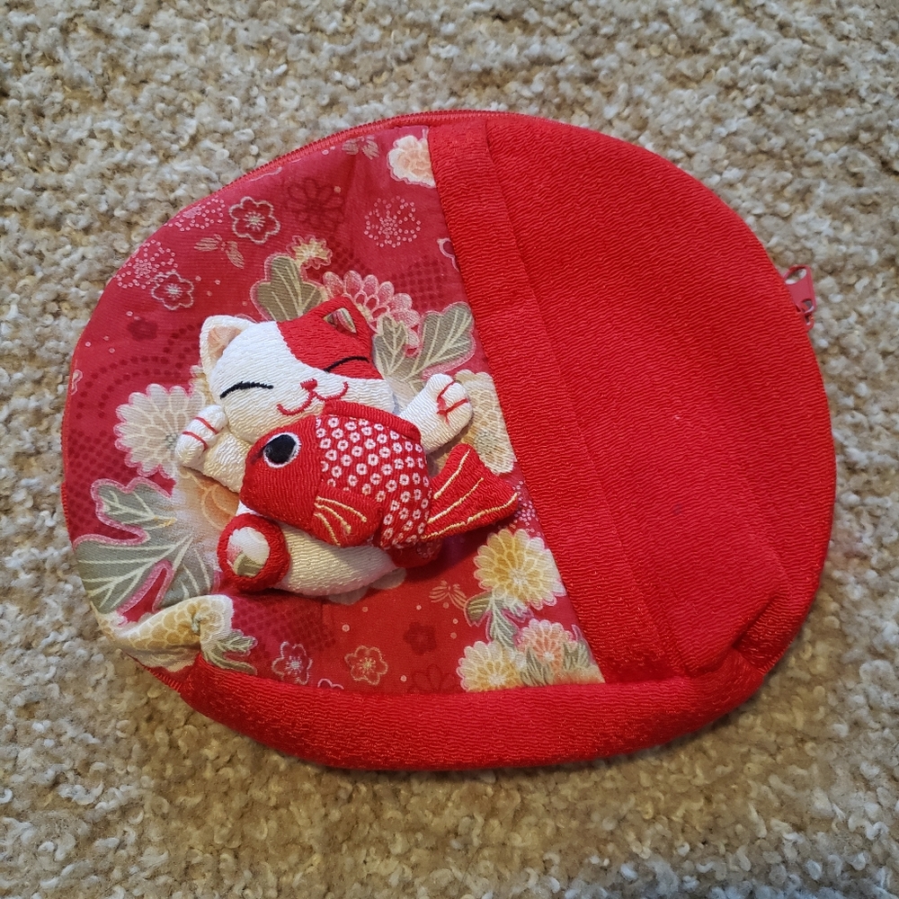 2/$20 Japanese Kimono Lucky Cat Zippered Pouch Clutch Bag
